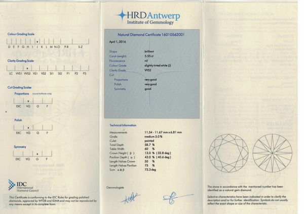 Diamante taglio brillante di ct 5.55, colore J, caratteristiche interne VVS2, fluorescenza UV nulla  - Asta Fine Jewels - Associazione Nazionale - Case d'Asta italiane