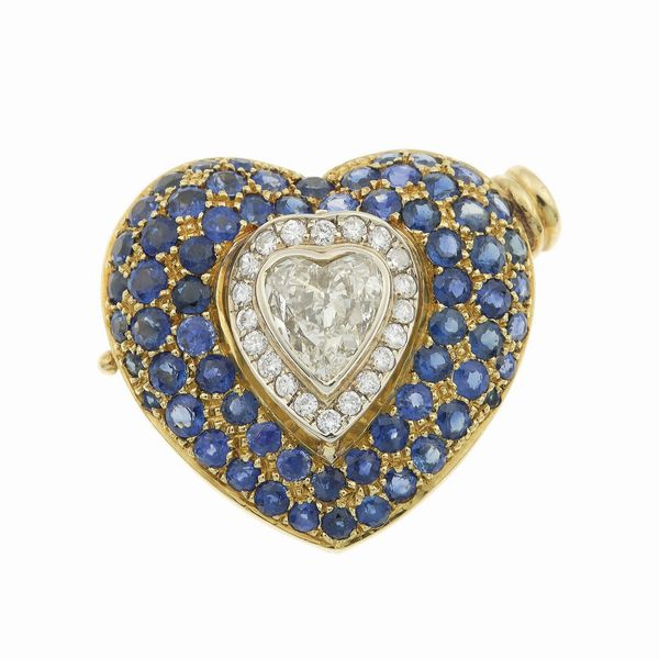 Fermezza con diamante taglio cuore di ct 1.00 circa con zaffiri e diamanti a contorno  - Asta Fine Jewels - Associazione Nazionale - Case d'Asta italiane