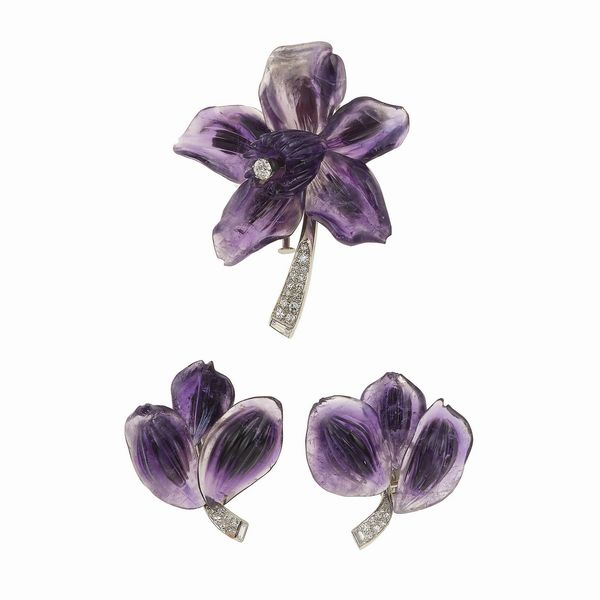 Demi-parure Viola del pensiero composta da spilla ed orecchini con ametista e diamanti  - Asta Fine Jewels - Associazione Nazionale - Case d'Asta italiane