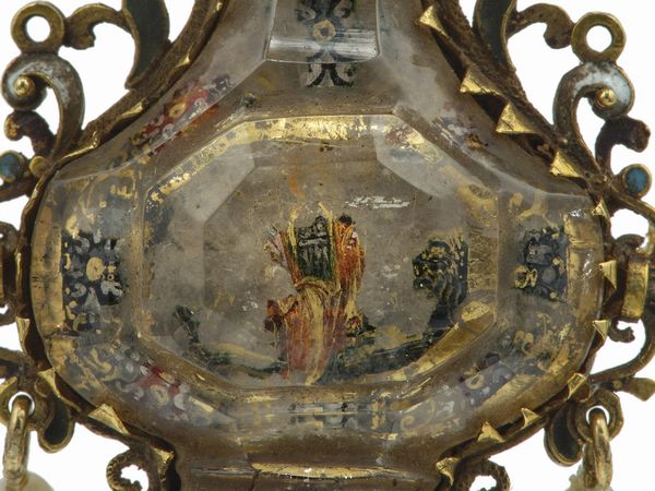 Pendente/reliquiario? smalti policromi, cristallo di rocca e piccole perle  - Asta Fine Jewels - Associazione Nazionale - Case d'Asta italiane