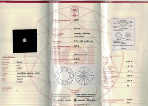 Diamante taglio brillante di ct 0.65, colore I, caratteristiche interne VVS2, fluorescenza UV debole  - Asta Fine Jewels - Associazione Nazionale - Case d'Asta italiane