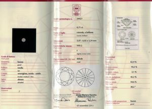 Diamante taglio rotondo a brillante di ct 0.72, colore I, caratteristiche interne VVS2, fluorescenza UV debole  - Asta Fine Jewels - Associazione Nazionale - Case d'Asta italiane