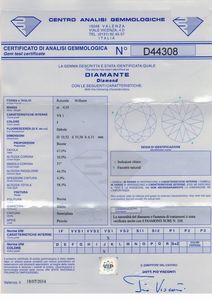 Diamante taglio rotondo a brillante di ct 4.05, colore J, caratteristiche interne VS1, fluorescenza UV debole  - Asta Fine Jewels - Associazione Nazionale - Case d'Asta italiane