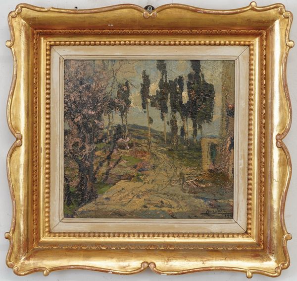 Ludovico Cavaleri : Sulla strada della Quercia annosa, Fiesole 1926  - Asta Dipinti del XIX e XX secolo - Associazione Nazionale - Case d'Asta italiane