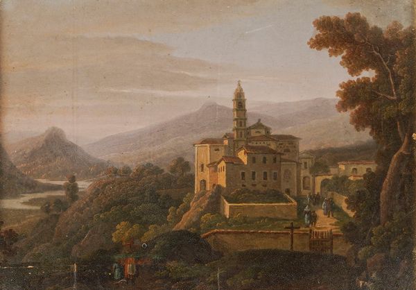 Anonimo del XIX secolo Paesaggio con paesino  - Asta Dipinti del XIX e XX secolo - Associazione Nazionale - Case d'Asta italiane