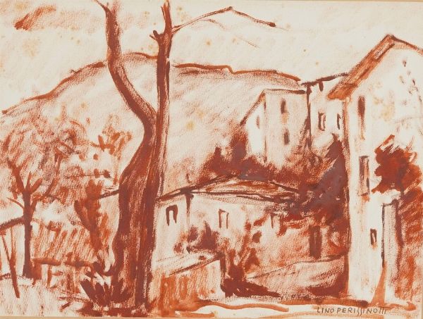 Lino Perissinotti : Paesaggio con case e albero, 1940  - Asta Dipinti del XIX e XX secolo - Associazione Nazionale - Case d'Asta italiane