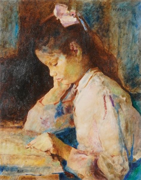 Cesare Peruzzi : Bambina in lettura  - Asta Dipinti del XIX e XX secolo - Associazione Nazionale - Case d'Asta italiane