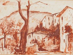 Lino Perissinotti - Paesaggio con case e albero, 1940