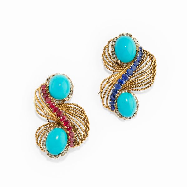 Coppia di spille con turchesi  - Asta Gioielli Importanti - Associazione Nazionale - Case d'Asta italiane