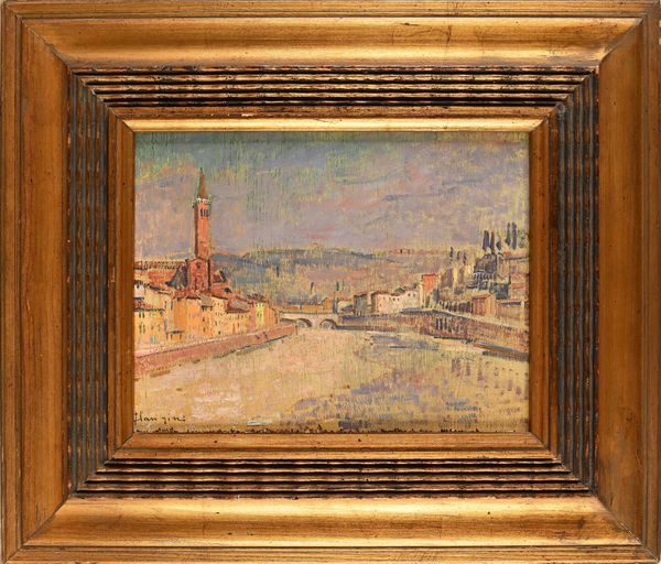 Giuseppe Flangini : Sull'Adige a Verona  - Asta Dipinti del XIX Secolo - Associazione Nazionale - Case d'Asta italiane
