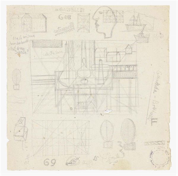 Atanasio Soldati : Foglio di studi: Natura morta, con altri disegni e scritte  - Asta Dipinti, Disegni, Sculture e Grafica - Associazione Nazionale - Case d'Asta italiane