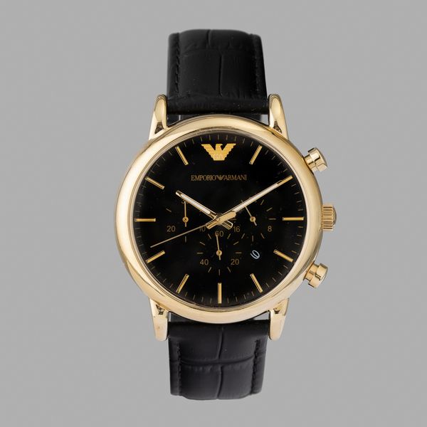 EMPORIO ARMANI : Emporio Armani, cronografo laminato con datario con cinturino il pelle, 46 mm  - Asta Orologi da Polso - Associazione Nazionale - Case d'Asta italiane