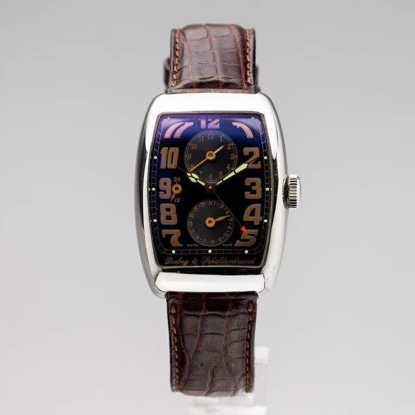 Dubey&Schaldebrand : Dubey & Schaldenbrand Aerodyn Duo in acciaio quadrante nero con doppio fuso orario, carica automatica, cinturino in pelle, 42x32 mm, 2000 circa  - Asta Orologi da Polso - Associazione Nazionale - Case d'Asta italiane