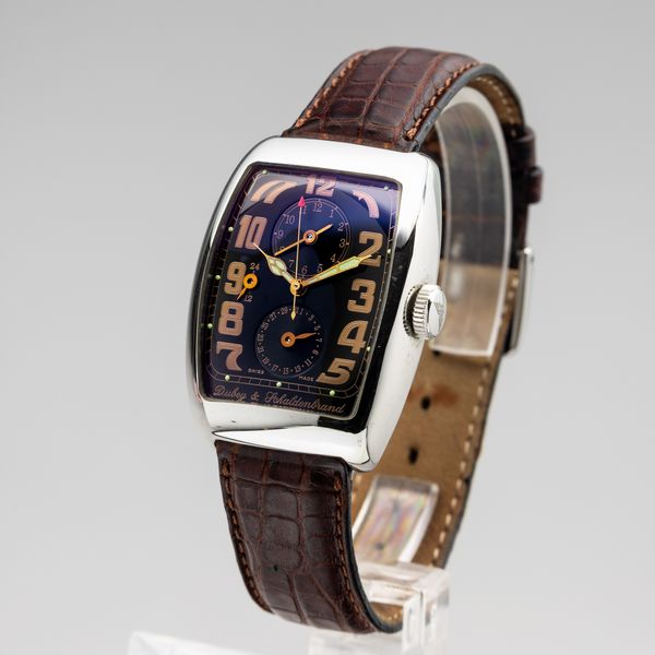 Dubey&Schaldebrand : Dubey & Schaldenbrand Aerodyn Duo in acciaio quadrante nero con doppio fuso orario, carica automatica, cinturino in pelle, 42x32 mm, 2000 circa  - Asta Orologi da Polso - Associazione Nazionale - Case d'Asta italiane