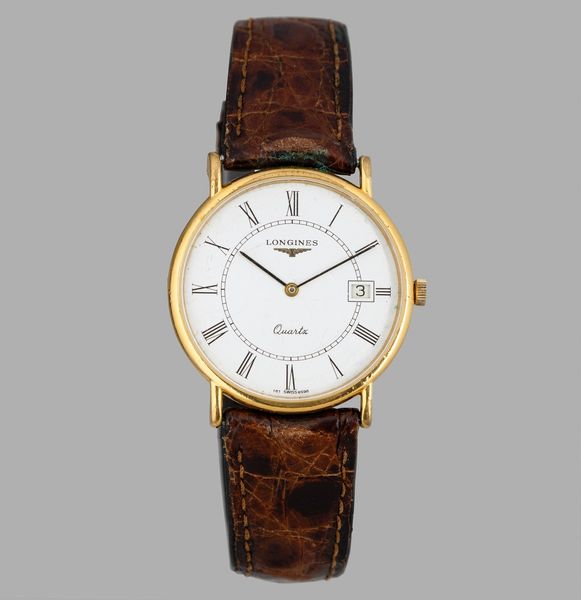 LONGINES : Orologio classico laminato, movimento al quarzo, quadrante bianco numeri Romani, 32 mm  - Asta Orologi da Polso - Associazione Nazionale - Case d'Asta italiane