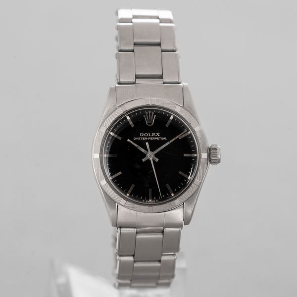 ROLEX : Rolex Oyster Perpetual in acciaio, quadrante nero Gilt con inidci a bastone, ref 6549, cassa 1.311.xxx, movimento automatico, Cal 1130, bracciale Oyster, 30 mm, 1966 circa  - Asta Orologi da Polso - Associazione Nazionale - Case d'Asta italiane