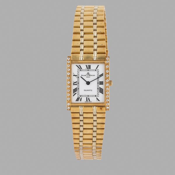 Baume & Mercier : Baume & Mercier, modello Tank, ref. 1-7305, quadrante bianco numeri romani, in oro giallo 18k e diamanti, 22x30 mm<BR>  - Asta Orologi da Polso - Associazione Nazionale - Case d'Asta italiane