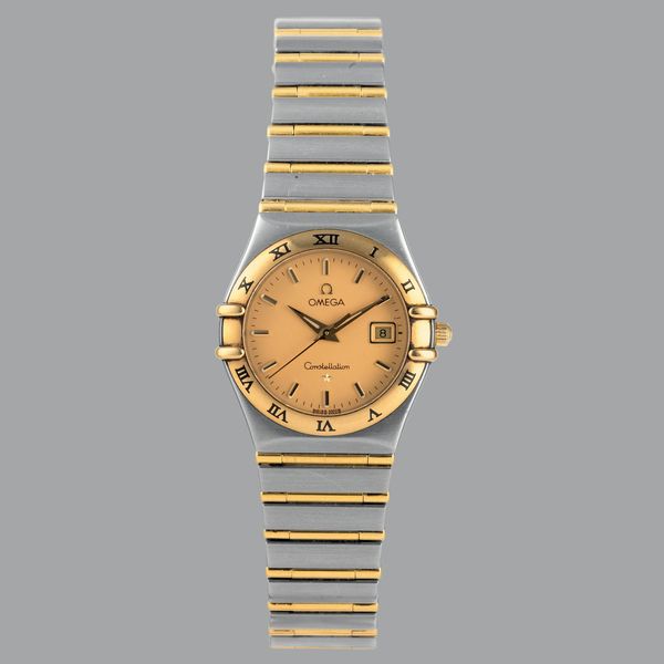 OMEGA : Omega Constellation in acciaio con inserti in oro, quadrante champagne, movimento al quarzo, bracciale integrato, 27,5 mm  - Asta Orologi da Polso - Associazione Nazionale - Case d'Asta italiane