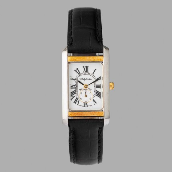 PHILIPPE WATCH : Philippe Watch Tank, acciaio e oro, quadrante bianco con secondi al sei, 27,5x22 mm  - Asta Orologi da Polso - Associazione Nazionale - Case d'Asta italiane