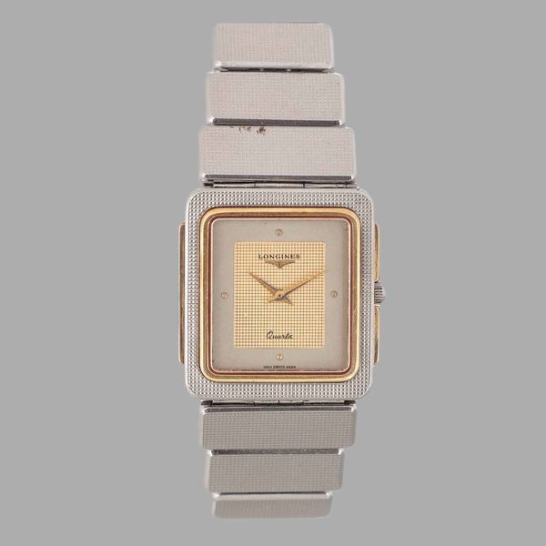 LONGINES : Longines Forma in acciaio con inserti in oro, quadrante argento, movimento al quarzo, bracciale in acciaio, 26x28 mm, 1970 circa  - Asta Orologi da Polso - Associazione Nazionale - Case d'Asta italiane