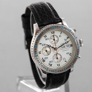 LONGINES : Longines Lindbergh Hour Angle in acciaio con quadrante bianco e numeri romani, datario e tre contatori verticali, movimento automatico, cinturino in pelle, 39 mm  - Asta Orologi da Polso - Associazione Nazionale - Case d'Asta italiane