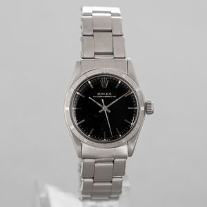 ROLEX - Rolex Oyster Perpetual in acciaio, quadrante nero Gilt con inidci a bastone, ref 6549, cassa 1.311.xxx, movimento automatico, Cal 1130, bracciale Oyster, 30 mm, 1966 circa