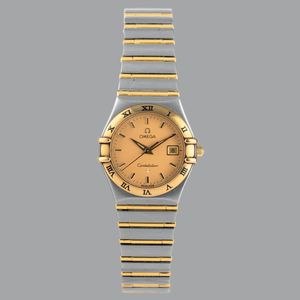 OMEGA - Omega Constellation in acciaio con inserti in oro, quadrante champagne, movimento al quarzo, bracciale integrato, 27,5 mm