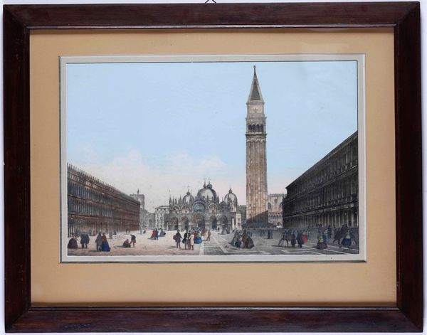 Grande litografia a colori raffigurante piazza San Marco  - Asta Stampe - Associazione Nazionale - Case d'Asta italiane