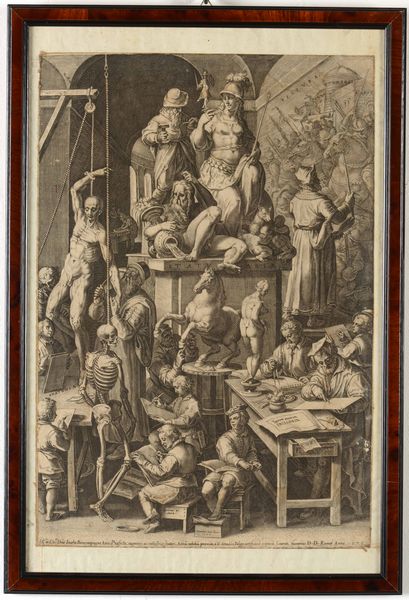 Cornelis Cort : Incisione su carta entro cornice L'Accademia delle belle arti, 1578  - Asta Stampe - Associazione Nazionale - Case d'Asta italiane