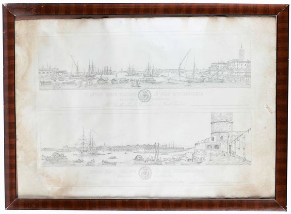 Civitavecchia - Immagine litografica del porto Grande incisione raffigurante il porto di Civitavecchia  - Asta Stampe - Associazione Nazionale - Case d'Asta italiane