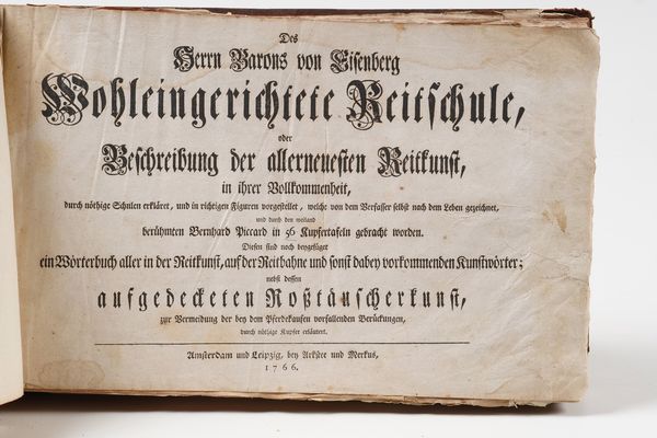 Volume FW Eisenberg, Wohleingerichtete Reitschule Betfchreibung der allerneueften reittunft...Amsterdam und leipzip, ben artftee und merltus 1766  - Asta Stampe - Associazione Nazionale - Case d'Asta italiane