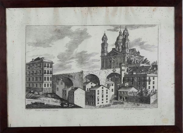 A.Giolfi, Torricelli, G.L.Guidotti Veduta della chiesa e del ponte di Carignano. Met del XVIII secolo  - Asta Stampe - Associazione Nazionale - Case d'Asta italiane