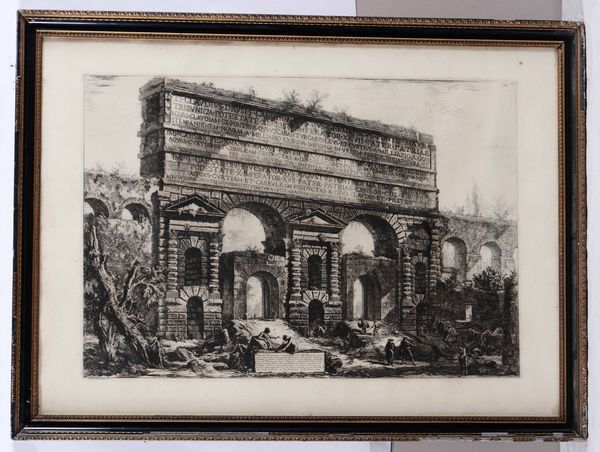 Giovanni Battista Piranesi (Mogliano Veneto, 4 ottobre 1720  Roma, 9 novembre 1778) Veduta del Monumento eretto dall'Imperador Tito Vespasiano<BR>Presumibile tiratura antica. Entro cornice  - Asta Stampe - Associazione Nazionale - Case d'Asta italiane