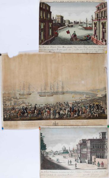 Vedute ottiche a colori<BR> Due vedute ottiche raffiguranti scorci della citt di Genova. Francia, secolo XVIII<BR>  - Asta Stampe - Associazione Nazionale - Case d'Asta italiane