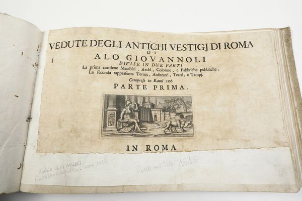 Aloisio Giovannoli (Civita Castellana, ca. 1550 - Roma, 1618)<BR>Roma, 1750 (?) Vedute degli antichi vestigj di Roma di Alo Giovannoli in due parti. La prima contiene mausolei, archi, colonne, e fabbriche pubbliche, la seconda rappresenta terme, anfiteatri, teatri e tempj. Comprese in rami 106. Parte prima <BR>Frontespizio incollato su carta non coeva e privo del bordo inferiore con possibile mancanza di testo, restaura all'angolo inferiore della tavola n. 5, gore d'acqua al bordo inferiore di alcune tavole, foxing diffuso soprattutto sulle tavole della prima parte, insignificante strappo marginali, tracce di tarlo nelle sguardie nell'ultima bianca e nelle ultime due tavole.<BR>Legatura in mezza pergamena, cm 26,5x40,5  - Asta Stampe - Associazione Nazionale - Case d'Asta italiane