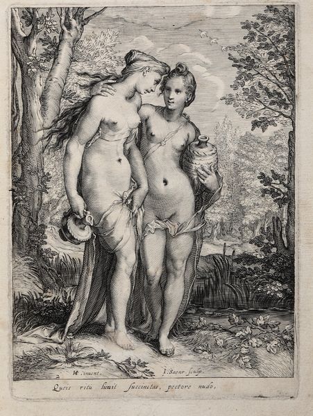 Jan Saenredam (Zaandam, 1565  Assendelft, 1607) da un soggetto di Hendrick Goltzius Le ninfe con brocche<BR>  - Asta Stampe - Associazione Nazionale - Case d'Asta italiane