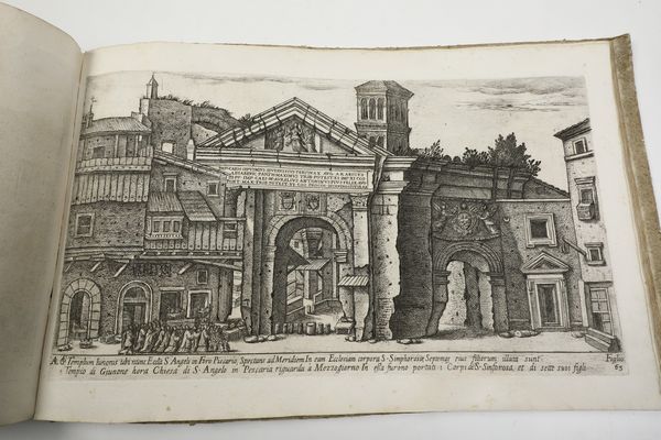 Aloisio Giovannoli (Civita Castellana, ca. 1550 - Roma, 1618)<BR>Roma, 1750 (?) Vedute degli antichi vestigj di Roma di Alo Giovannoli in due parti. La prima contiene mausolei, archi, colonne, e fabbriche pubbliche, la seconda rappresenta terme, anfiteatri, teatri e tempj. Comprese in rami 106. Parte prima <BR>Frontespizio incollato su carta non coeva e privo del bordo inferiore con possibile mancanza di testo, restaura all'angolo inferiore della tavola n. 5, gore d'acqua al bordo inferiore di alcune tavole, foxing diffuso soprattutto sulle tavole della prima parte, insignificante strappo marginali, tracce di tarlo nelle sguardie nell'ultima bianca e nelle ultime due tavole.<BR>Legatura in mezza pergamena, cm 26,5x40,5  - Asta Stampe - Associazione Nazionale - Case d'Asta italiane