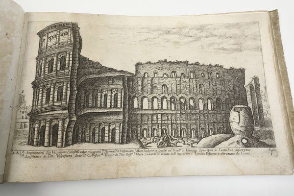 Aloisio Giovannoli (Civita Castellana, ca. 1550 - Roma, 1618)<BR>Roma, 1750 (?) Vedute degli antichi vestigj di Roma di Alo Giovannoli in due parti. La prima contiene mausolei, archi, colonne, e fabbriche pubbliche, la seconda rappresenta terme, anfiteatri, teatri e tempj. Comprese in rami 106. Parte prima <BR>Frontespizio incollato su carta non coeva e privo del bordo inferiore con possibile mancanza di testo, restaura all'angolo inferiore della tavola n. 5, gore d'acqua al bordo inferiore di alcune tavole, foxing diffuso soprattutto sulle tavole della prima parte, insignificante strappo marginali, tracce di tarlo nelle sguardie nell'ultima bianca e nelle ultime due tavole.<BR>Legatura in mezza pergamena, cm 26,5x40,5  - Asta Stampe - Associazione Nazionale - Case d'Asta italiane