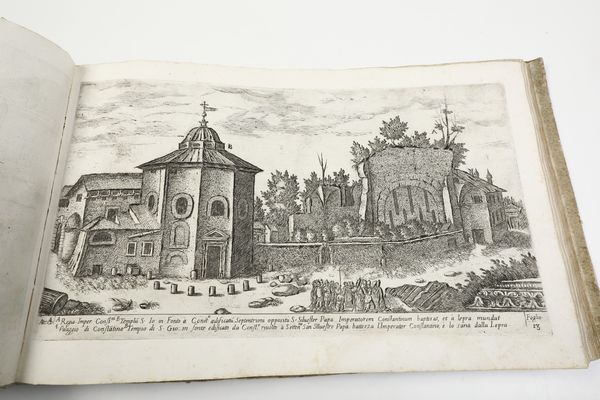 Aloisio Giovannoli (Civita Castellana, ca. 1550 - Roma, 1618)<BR>Roma, 1750 (?) Vedute degli antichi vestigj di Roma di Alo Giovannoli in due parti. La prima contiene mausolei, archi, colonne, e fabbriche pubbliche, la seconda rappresenta terme, anfiteatri, teatri e tempj. Comprese in rami 106. Parte prima <BR>Frontespizio incollato su carta non coeva e privo del bordo inferiore con possibile mancanza di testo, restaura all'angolo inferiore della tavola n. 5, gore d'acqua al bordo inferiore di alcune tavole, foxing diffuso soprattutto sulle tavole della prima parte, insignificante strappo marginali, tracce di tarlo nelle sguardie nell'ultima bianca e nelle ultime due tavole.<BR>Legatura in mezza pergamena, cm 26,5x40,5  - Asta Stampe - Associazione Nazionale - Case d'Asta italiane