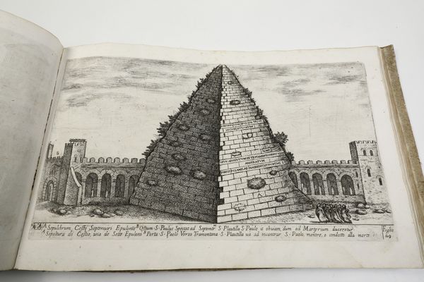 Aloisio Giovannoli (Civita Castellana, ca. 1550 - Roma, 1618)<BR>Roma, 1750 (?) Vedute degli antichi vestigj di Roma di Alo Giovannoli in due parti. La prima contiene mausolei, archi, colonne, e fabbriche pubbliche, la seconda rappresenta terme, anfiteatri, teatri e tempj. Comprese in rami 106. Parte prima <BR>Frontespizio incollato su carta non coeva e privo del bordo inferiore con possibile mancanza di testo, restaura all'angolo inferiore della tavola n. 5, gore d'acqua al bordo inferiore di alcune tavole, foxing diffuso soprattutto sulle tavole della prima parte, insignificante strappo marginali, tracce di tarlo nelle sguardie nell'ultima bianca e nelle ultime due tavole.<BR>Legatura in mezza pergamena, cm 26,5x40,5  - Asta Stampe - Associazione Nazionale - Case d'Asta italiane