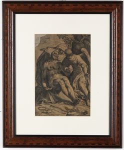 AGOSTINO CARRACCI - Carracci Agostino, da Paolo Calliari Veronese<BR> Piet, incisione a bulino firmata Paolo Calliari Veronese inve. /Agu. Car[racci]. fe. / Oratio Bertelli inc. 1582 Bologna, dim. cm 28x40.