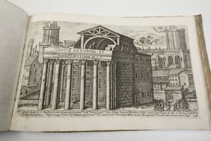 Aloisio Giovannoli (Civita Castellana, ca. 1550 - Roma, 1618)<BR>Roma, 1750 (?) Vedute degli antichi vestigj di Roma di Alo Giovannoli in due parti. La prima contiene mausolei, archi, colonne, e fabbriche pubbliche, la seconda rappresenta terme, anfiteatri, teatri e tempj. Comprese in rami 106. Parte prima <BR>Frontespizio incollato su carta non coeva e privo del bordo inferiore con possibile mancanza di testo, restaura all'angolo inferiore della tavola n. 5, gore d'acqua al bordo inferiore di alcune tavole, foxing diffuso soprattutto sulle tavole della prima parte, insignificante strappo marginali, tracce di tarlo nelle sguardie nell'ultima bianca e nelle ultime due tavole.<BR>Legatura in mezza pergamena, cm 26,5x40,5  - Asta Stampe - Associazione Nazionale - Case d'Asta italiane