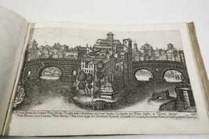 Aloisio Giovannoli (Civita Castellana, ca. 1550 - Roma, 1618)<BR>Roma, 1750 (?) Vedute degli antichi vestigj di Roma di Alo Giovannoli in due parti. La prima contiene mausolei, archi, colonne, e fabbriche pubbliche, la seconda rappresenta terme, anfiteatri, teatri e tempj. Comprese in rami 106. Parte prima <BR>Frontespizio incollato su carta non coeva e privo del bordo inferiore con possibile mancanza di testo, restaura all'angolo inferiore della tavola n. 5, gore d'acqua al bordo inferiore di alcune tavole, foxing diffuso soprattutto sulle tavole della prima parte, insignificante strappo marginali, tracce di tarlo nelle sguardie nell'ultima bianca e nelle ultime due tavole.<BR>Legatura in mezza pergamena, cm 26,5x40,5  - Asta Stampe - Associazione Nazionale - Case d'Asta italiane