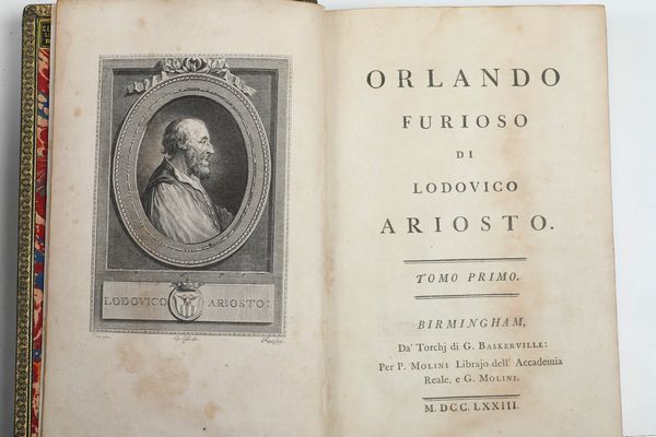 Ludovico Ariosto Orlando furioso. Tomi dal 1 al 4. Birmingham dai torchi di G.Baskerville per P. Molini libraio dell'accademia reale, e G.Molini, 1773  - Asta Libri Antichi - Associazione Nazionale - Case d'Asta italiane