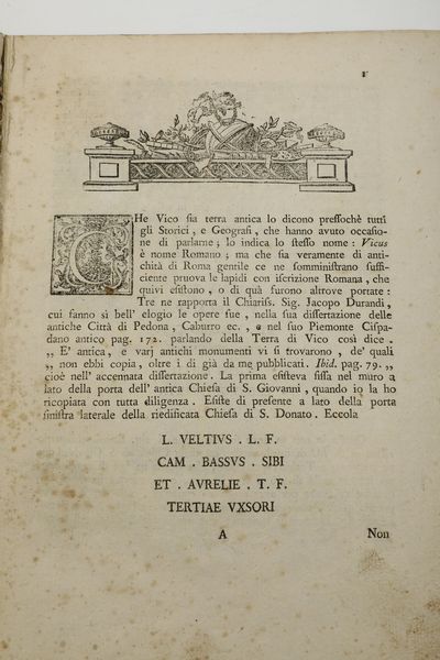 Luca Lobera Delle antichit della terra, castello, e chiese di Vico e dell'origine della citt di Mondov Dissertazione<BR>  - Asta Libri Antichi - Associazione Nazionale - Case d'Asta italiane