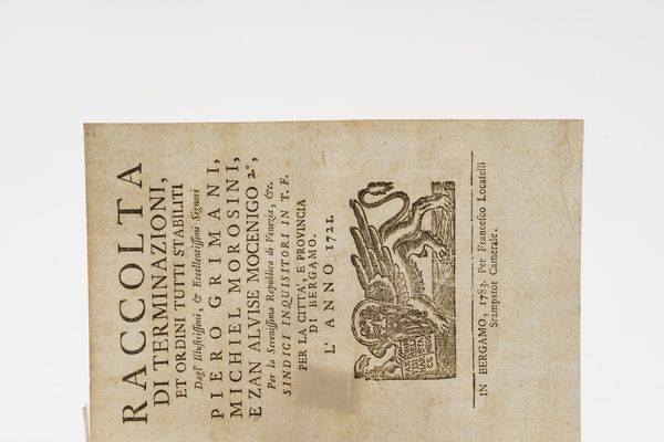 Bergamo - Leggi e decreti Raccolta di terminazioni ed ordini inquisitoriali e decreti diversi stabiliti per la citt, e per il territorio di Bergamo... Tomi I,II,III... Bergamo, per Francesco Locatelli, 1784  - Asta Libri Antichi - Associazione Nazionale - Case d'Asta italiane