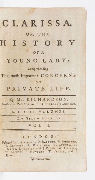 Samuel Richardson. Clarissa, London, Rivingston, 1768.  - Asta Libri Antichi - Associazione Nazionale - Case d'Asta italiane