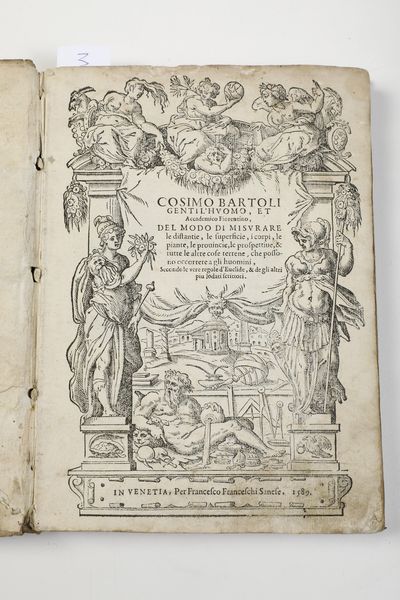 Cosimo Bartoli Del modo di misurare le distantie, le superficie, i corpi, le piante, le provincie, le prospettive, & tutte le altre cose terrene, che possono occorrere a gli huomini, secondo le vere regole di Euclide, & de gli altri pi lodati scrittori<BR>Venezia, Per Francesco Franceschi Sanese, 1589  - Asta Libri Antichi - Associazione Nazionale - Case d'Asta italiane