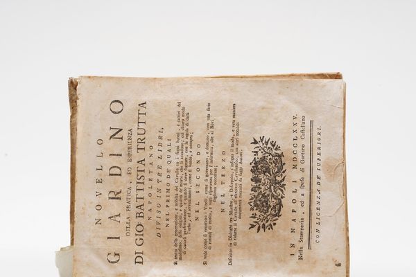 Gio Battista Trutta Novello giardino della pratica ed esperienza... diviso in 3 libri nel primo dei quali si tratta della generazione e nobilt del cavallo... Napoli, Castellano, 1775  - Asta Libri Antichi - Associazione Nazionale - Case d'Asta italiane