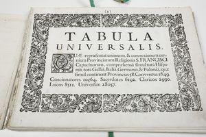 Autori vari (mappe attribuite a Giovanni da Montecalerio)<BR> Chorographica Descriptio provinciarum, et conventuum FF. Min. S. Francisci Capucinorum..., Milano, 1712  - Asta Libri Antichi - Associazione Nazionale - Case d'Asta italiane